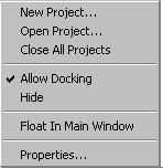 VisualDSP++ Windows Project Page Right-Click Menus Right-click menus (also called context menus or pop-up menus) operate on Project window objects (the project group, projects, folders, and files).