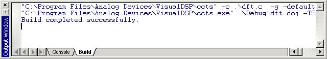 VisualDSP++ Windows Output Window The Output window: Displays standard I/O text messages such as file load status and error messages Displays build status information for the current project build