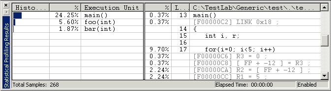 Debugging Windows When you view the window in mixed mode, profiling data for each assembly line displays, as shown in Figure 2-43.