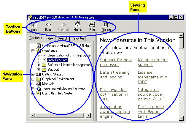 Online Help Figure A-3 shows the parts of the VisualDSP++ Help window. Figure A-3. Parts of the VisualDSP++ Help Window Move through the Help system and view Help topics by using the Help window s navigational aids, as shown in Figure A-4.