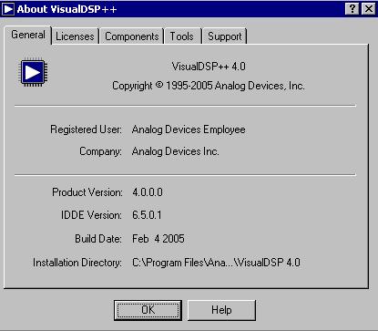 Reference Information About VisualDSP++ Dialog Box Choosing the About VisualDSP++ command in the Help menu opens the About VisualDSP++ dialog box, which provides access to the following types of
