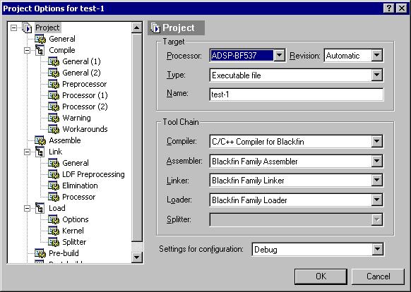 Introduction to VisualDSP++ Project Options Project options apply to the entire project. Specify project options in the Project Options dialog box. Figure 1-4 shows an example of this dialog box.