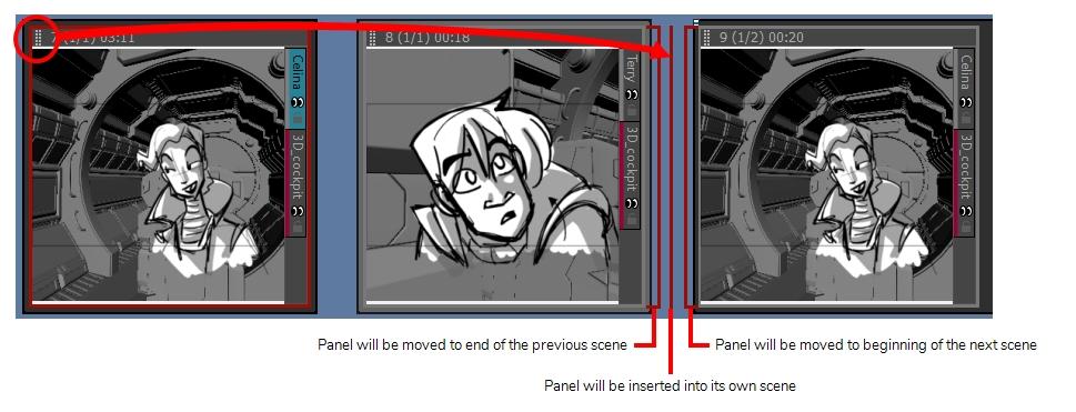 Storyboard Pro 6 Getting Started Guide TIP: If you want to move several panels together, you can select them together, then click and drag the drag and drop handle of any panel in the selection.