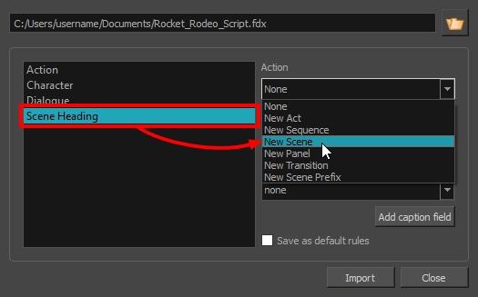 In the list to the left, select the Action tag. a. If you want one panel to be created for each action, select New Panel in the Action drop-down. b. If you want consecutive actions to be combined in the same panel, check the Combine successive elements option.