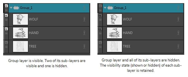 Chapter 6: How to Add and Manage Layers You can also hide a group. When a group is hidden, all of the layers it contains appear hidden, but their individual visibility state is preserved.