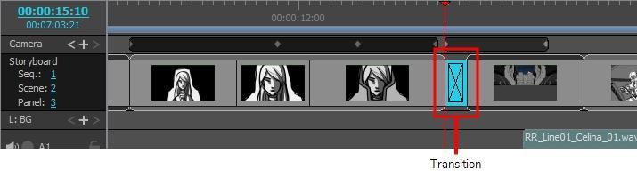 Chapter 8: How to Create an Animatic 2. Do one of the following: From the Storyboard toolbar, click the New Transition button. Select Storyboard > Add Transition.