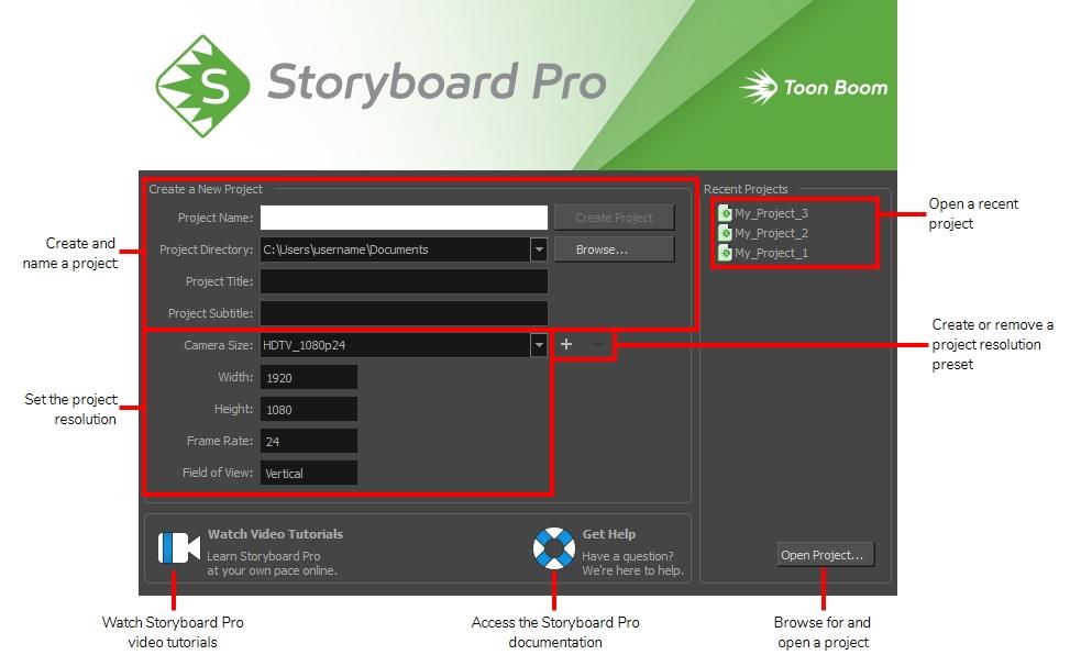Storyboard Pro 6 Getting Started Guide TIP: Once in the main application window, you can return to the Welcome Screen by selecting Help > Show Welcome Screen from the top menu.