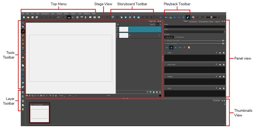 Chapter 3: About the User Interface Chapter 3: About the User Interface When you start Storyboard Pro for the first time, the default workspace is displayed.