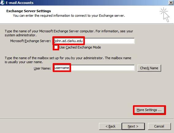 5 Step 6 In the Microsoft Exchange Server: text field, type in john.ad.clarku.edu.