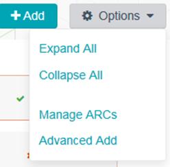 The following options are available under the Options drop-down menu in the top right corner of the ARC page: Expand All/Collapse All These options will
