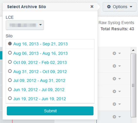 The Switch Archive menu item is displayed when viewing archived event data. Selecting this option displays the same menu and selections as above to select a different archive silo for viewing.
