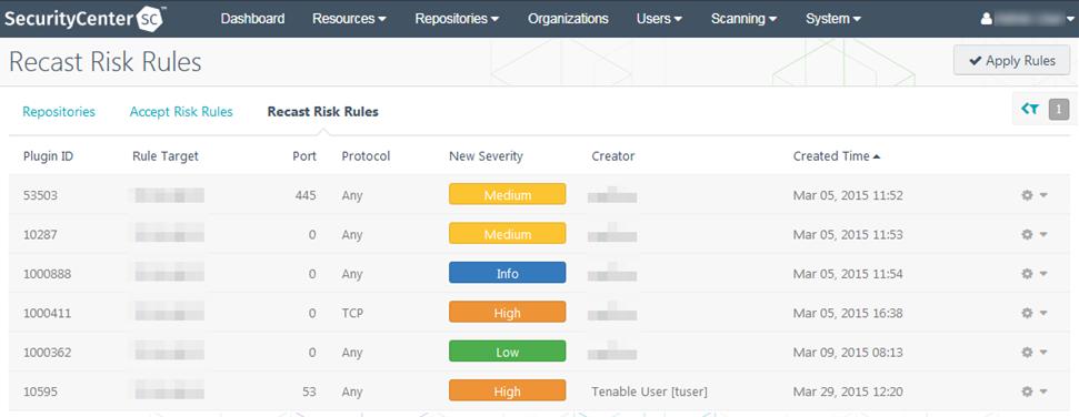 Recast Risk Rules Path: Workflow > Recast Risk Rules (Organizational users) Path: Repositories > Recast Risk Rules (Administrator users) The Recast Risk Rules page displays a list of recast risk