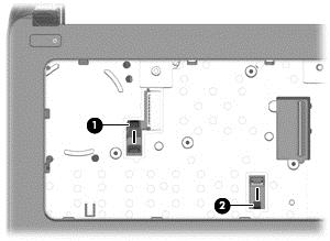 6. Disconnect the power button board cable (1) and the touchpad button board cable (2). 7.