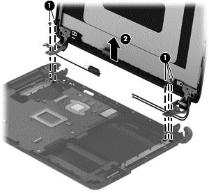 4. Remove the display assembly (2). If it is necessary to replace any of the display assembly subcomponents: 1. To remove the display bezel: a. Remove the two Mylar covers (1) and two Phillips PM2.