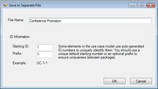 CaseComplete will prompt you for a file name. Simply enter in the name of the file: You can also specify a starting identification number and prefix for the elements that will reside in this package.