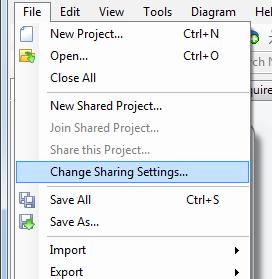 For this example, to change the version control settings, click Change Sharing Settings from the File menu. CaseComplete prompts you to choose the new setting for this project.