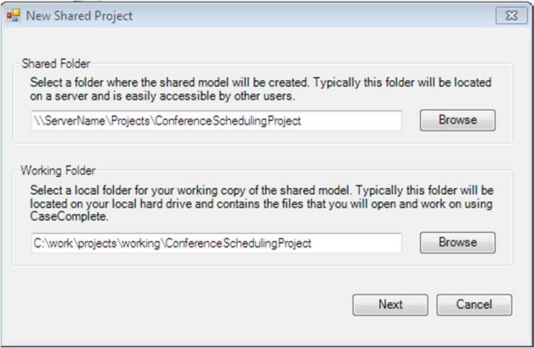 You ll be prompted for where the project will be shared on a network folder (where the repository will be located), and where your personal working copy of the project will be stored.