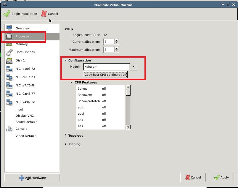 Create VM vcompute /5 There is a bug in the latest kvm/virt-manager and you need to configure CPU information manually.