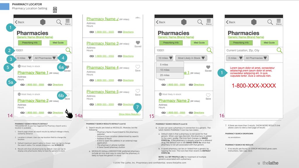 Helping patients find generic drugs Mobile app Once the user flows were established, I created hand-drawn and digitized wireframes as a foundation for the agency s designers and developers to do