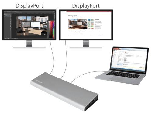 Work more efficiently using two DisplayPort monitors This Thunderbolt 2 dock lets you connect two displays to your laptop using common DisplayPort monitors.