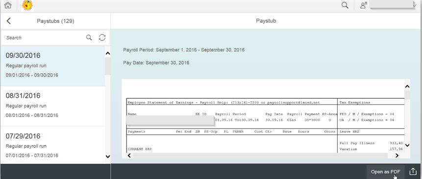 My Paystubs page loads as shown below: The screen is divided into two sections. Left side of the screen displays a list of Pay Dates.