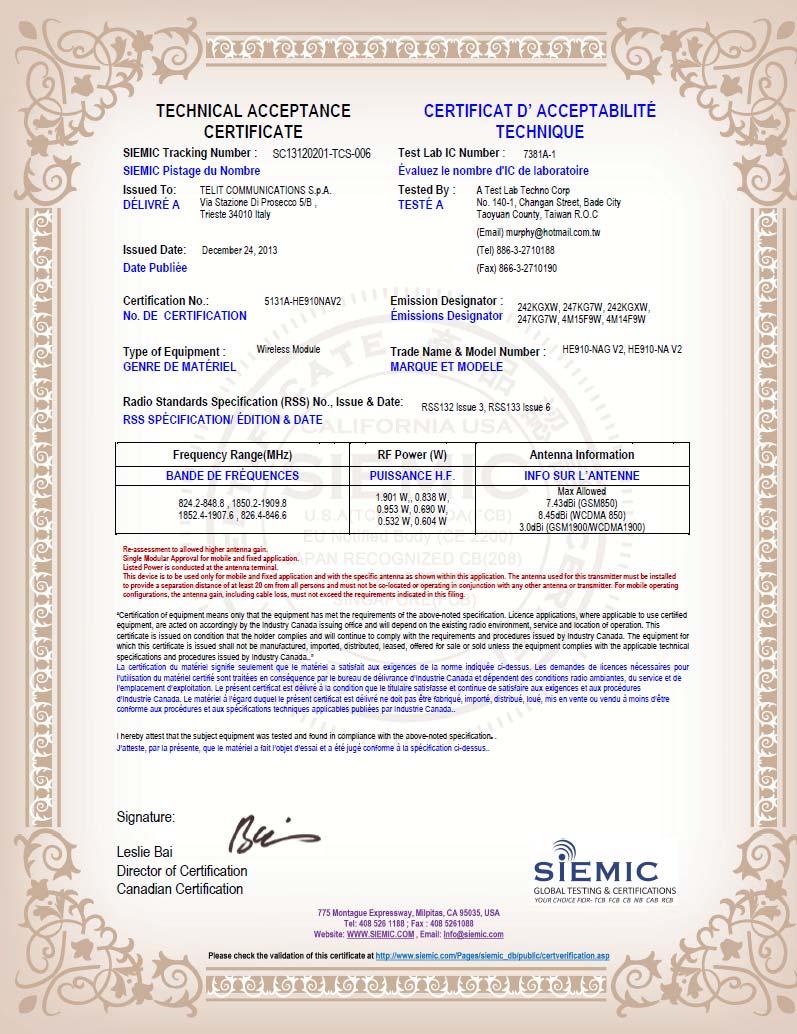 6.3. IC certificate HE910 V2 Product Description Reproduction forbidden without