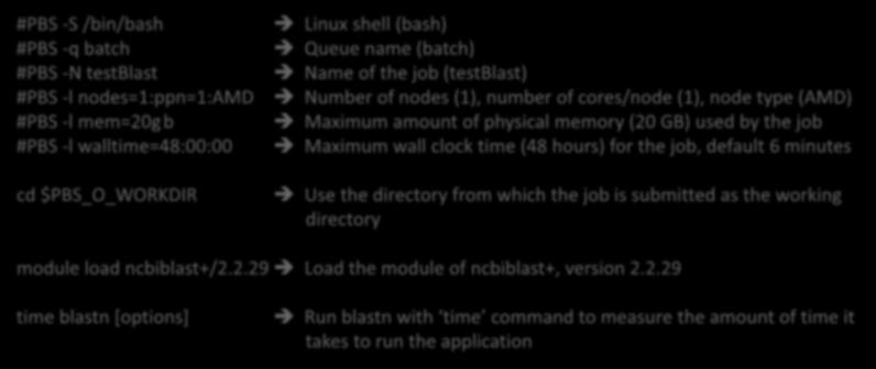 How to work with it Run Jobs Example 1: Serial job script running NCBI Blast + #PBS -S /bin/bash Linux shell (bash) #PBS -q batch Queue name (batch) #PBS -N testblast Name of the job (testblast) #PBS