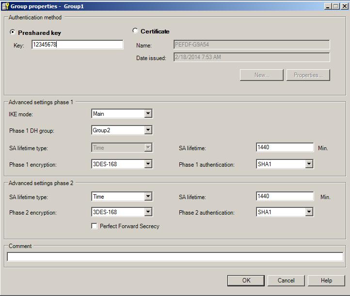 3.2 VPN tunnel between SCALANCE M-800 and security CPs 6. For this configuration example, configure the group properties with the following settings.