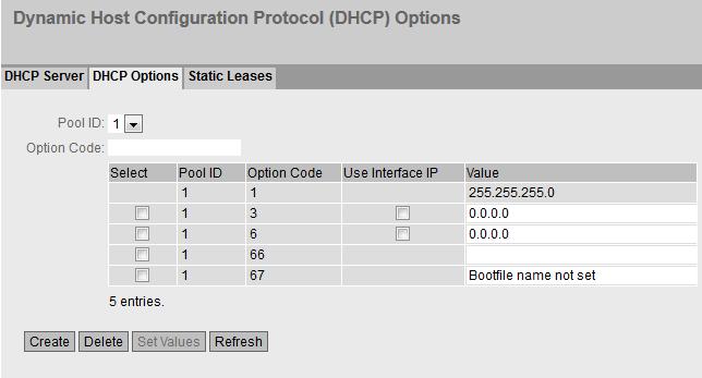 SCALANCE M-800 as DHCP server 2.2 Specifying DHCP options In this example, the following DHCP options are created.