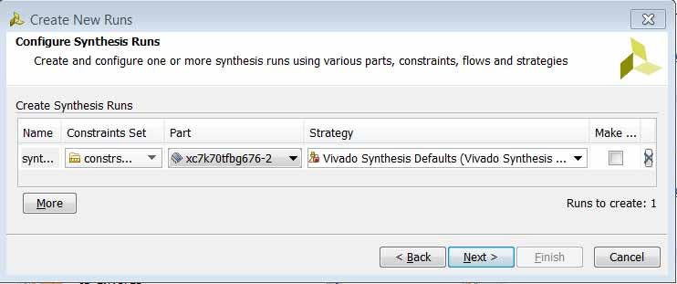 Chapter 1: Vivado Synthesis X-Ref Target - Figure 1-9 Figure 1-9: Configure Synthesis Runs Dialog Box Configure the synthesis run with the Name, Constraints Set, Part, Strategy, and check Make
