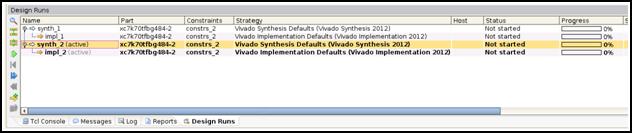 Chapter 1: Vivado Synthesis X-Ref Target - Figure 1-11 Figure 1-11: Design Runs Window Using the Design Runs Window The Design Runs window displays the synthesis and implementation runs created in a