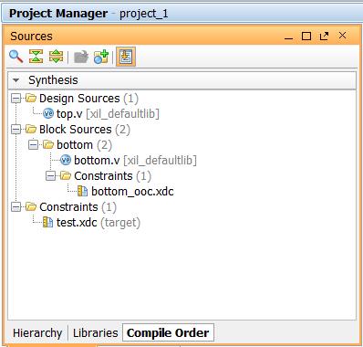 Chapter 1: Vivado Synthesis X-Ref Target - Figure 1-14 Figure 1-14: Compile Order Tab When you set a flow to Out-of-Context, a new run is set up in the tool.