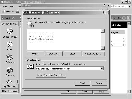 Customizing the E-mail You Send 8 9 0 Type in your signature text. Click New vcard from Contact to open the Select contacts to export as vcards dialog box.