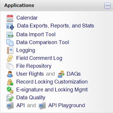 Applications Menu The Applications are REDCap modules that provide functionality for managing your project and the data it contains.