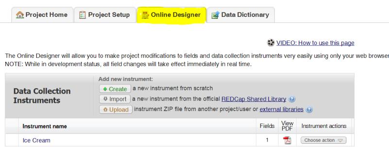 To add additional data collection instruments, click on the Create button.