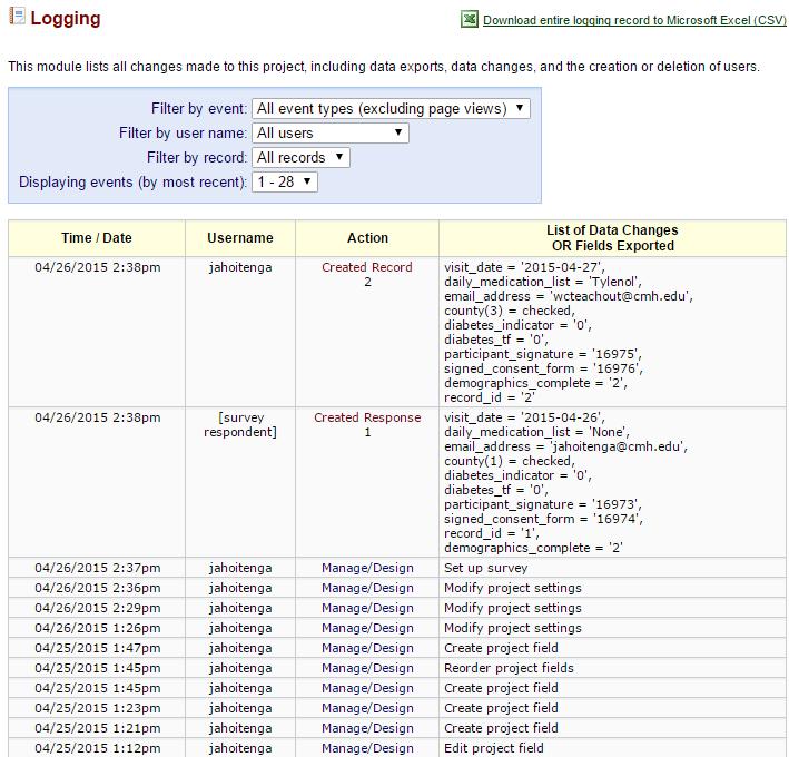 Logging This is where you can view audit information. This application will list the date and time and user that made changes made to the project.