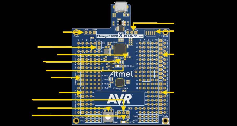 2. Hardware User Guide 2.1. Board Overview The ATmega328PB Xplained Mini headers overview. 2.2. Target Headers and Connectors The ATmega328PB related headers.
