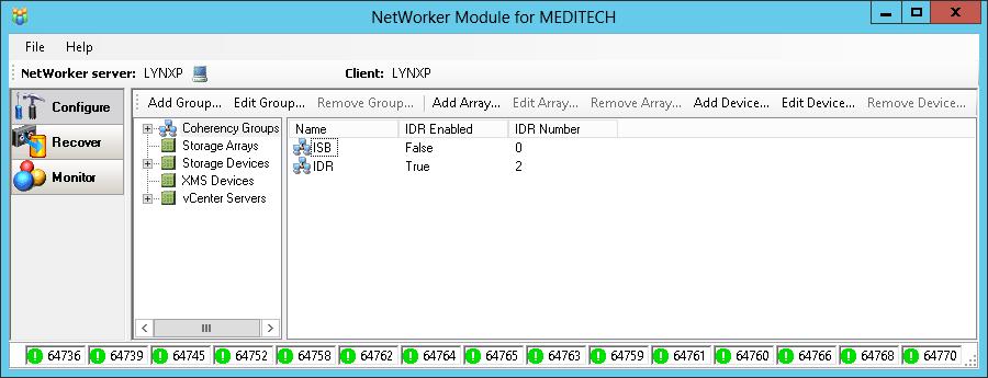 Interface Overview The NetWorker Module for MEDITECH interface overview The NetWorker Module for MEDITECH user interface contains three views: Configure, Recover, and Monitor.
