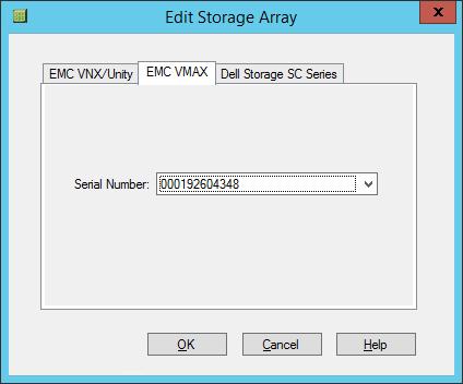 Figure 17 Edit Symmetrix VMAX storage array b. From the Serial Number list, select the serial number of the array that you want to use, and click OK.