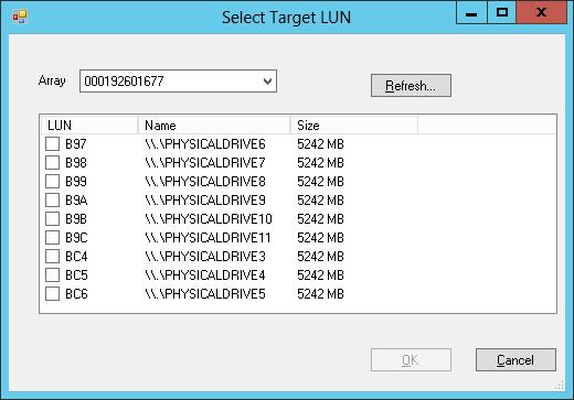 Recoveries Figure 30 Select target LUN 8. Perform the following steps in the dialog box: a. From the Array list, select the array that contains the target LUNs to recover the selected segment. b. Click Refresh to update the list of LUNs for the selected array.