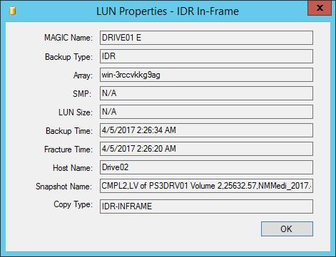 Recoveries 2. Right-click the segment to restore and select Properties. The LUN Properties - IDR In-Frame dialog box appears. Figure 43 Dell Storage SC Series LUN properties 3.