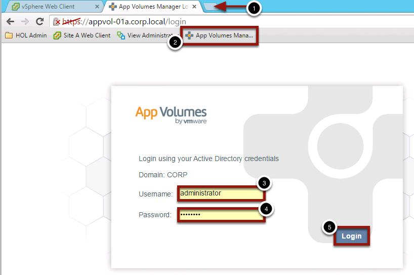 Open a new tab to App Volumes Manager 1. Click to open a New Tab 2.