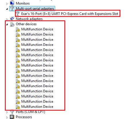 13. After driver installation is done successfully, you will find in Device Manager one Exar s 16-Port (8+8) UART PCI-Express Card with Expansions
