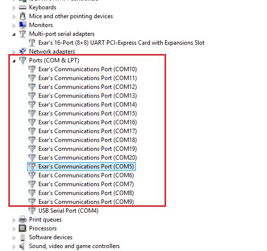 20. After all COM port driver installation is done successfully, you will find sixteen Exar s Communications Port