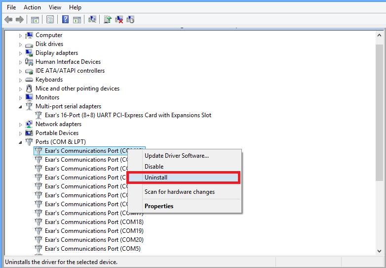 Uninstalling Windows Drivers To uninstall the Windows driver from Device Manager for PCIe-1600 PCI Express serial I/O