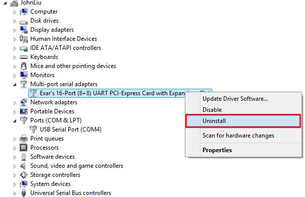 4. Right click on Exar s 16-Port (8+8) UART PCI-Express Card with Expansions Slot under Device Manager to expand to Device Control screen.