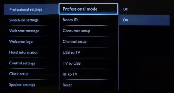 [On]: All settings in the Professional Settings Setup menu are active.