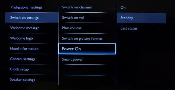 when the mains power is activated (cold start): [On]: The TV will always turn on (show startup channel) after