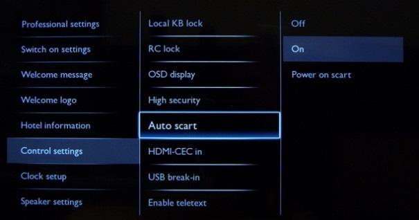 [Auto scart] Enables auto scart switching (or break-in) in Professional mode. [On]: Enables auto scart switching or break-in.