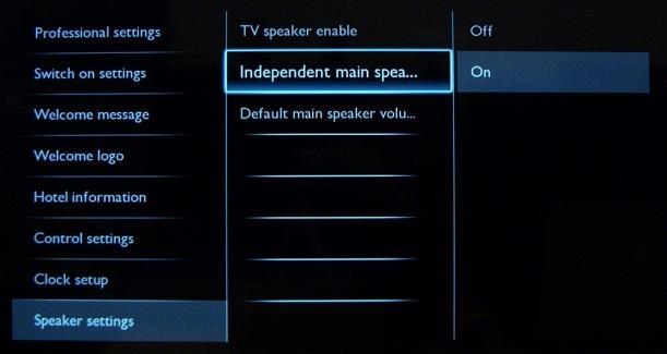 [Independent main speakers] [Off]: The volume +/- on the Guest remote control will affect both the
